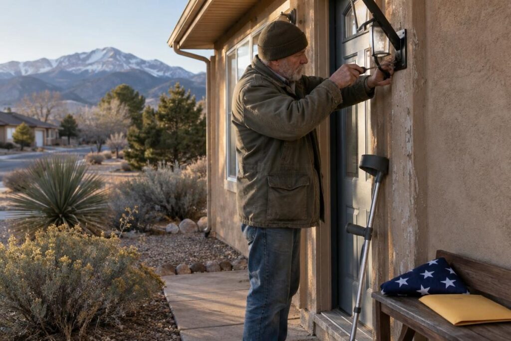 Veteran mounting a flag bracket at a Colorado Springs home that qualifies for a disabled veteran property tax exemption