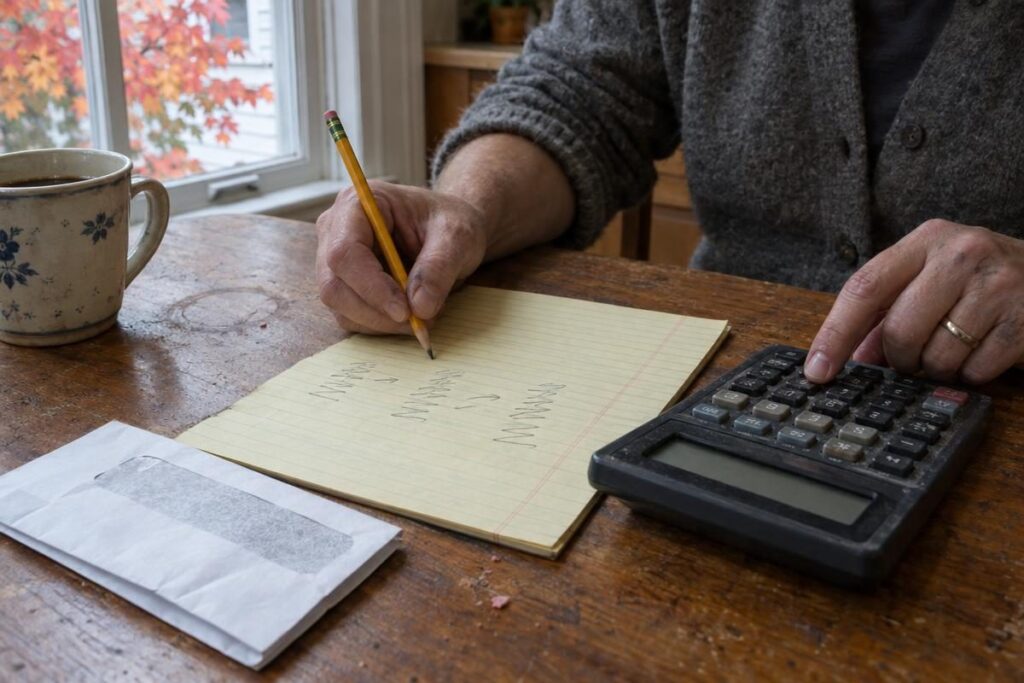 Homeowner working out how to calculate property tax with a calculator and pencil worksheet at a kitchen table