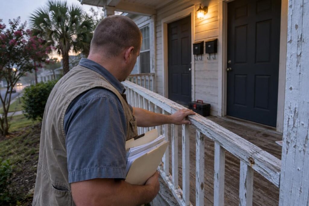Landlord inspecting a Columbia, South Carolina duplex porch while holding receipts for property tax on rental property