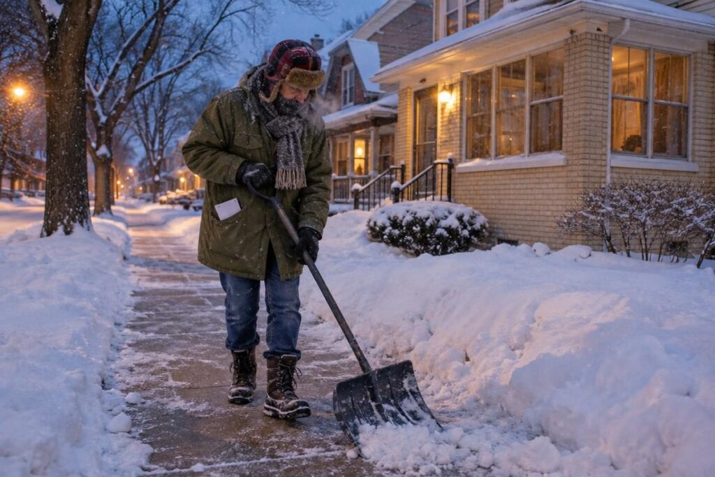Milwaukee homeowner shoveling snow with the January installment for property tax in Wisconsin in a pocket