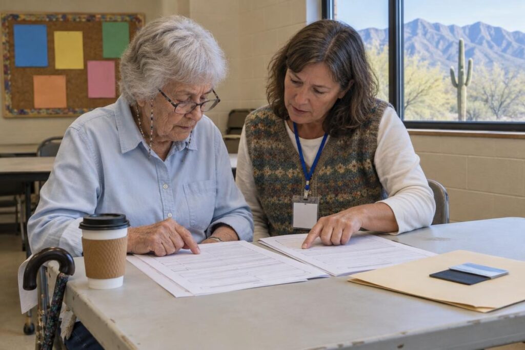 Retired homeowner completing a senior property tax exemption application with a volunteer at a Tucson, Arizona senior center