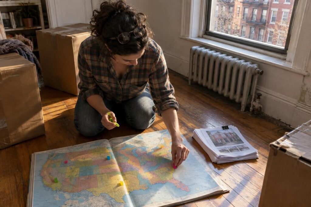 Renter planning a move with a road atlas while researching states with no property tax